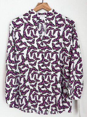 NWT Foxcroft Iris 14 Fuchsia Butterfly Wrinkle Free Cotton 3/4 Sleeve Shirt